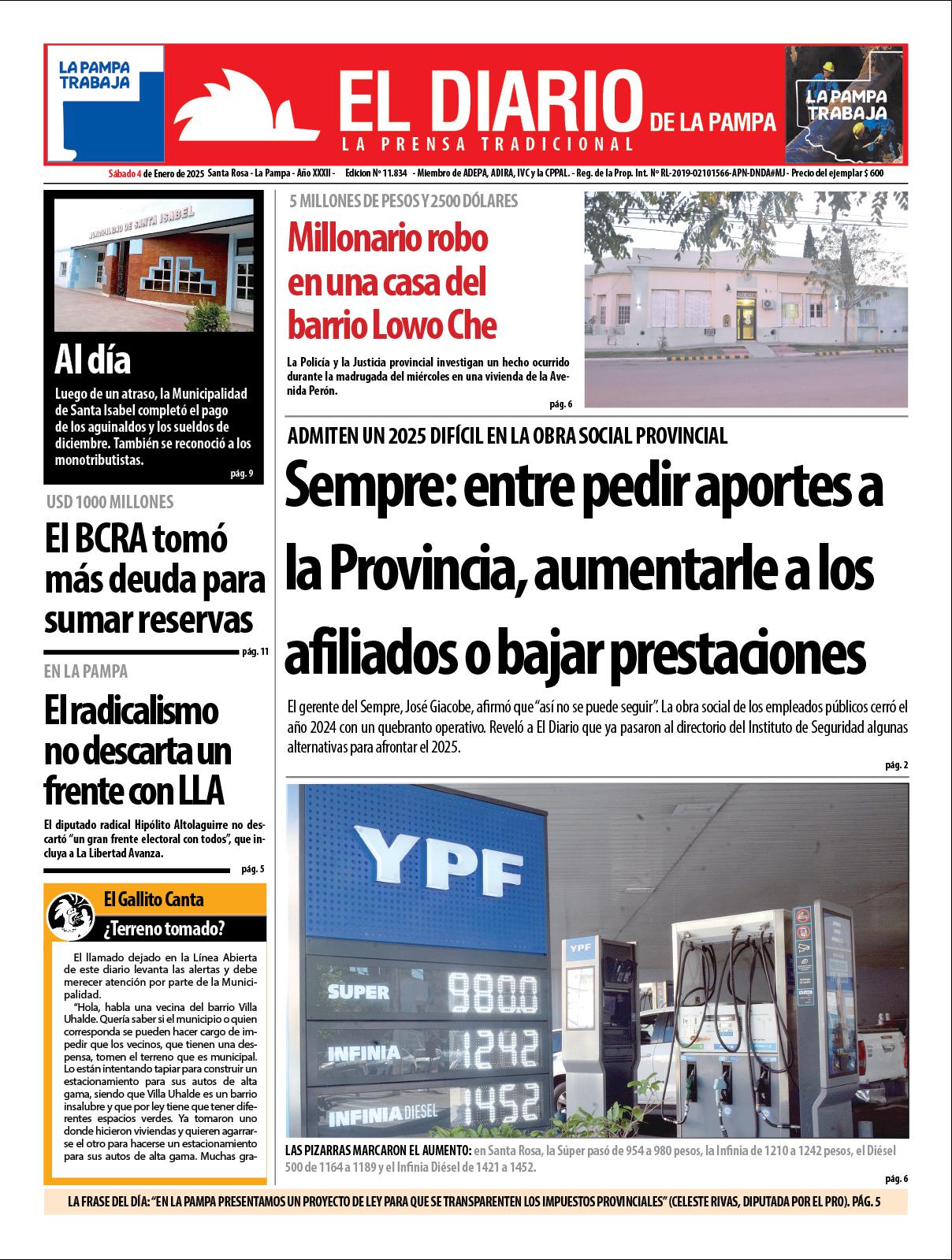 Tapa de El Diario en papel  saacutebado 04 de enero de 2025